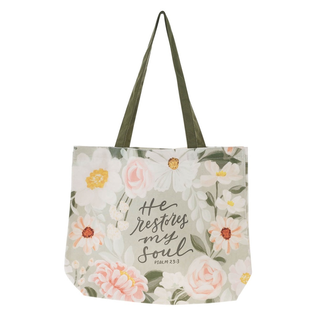 Tote Bag He Restores My Soul Green Floral Canvas