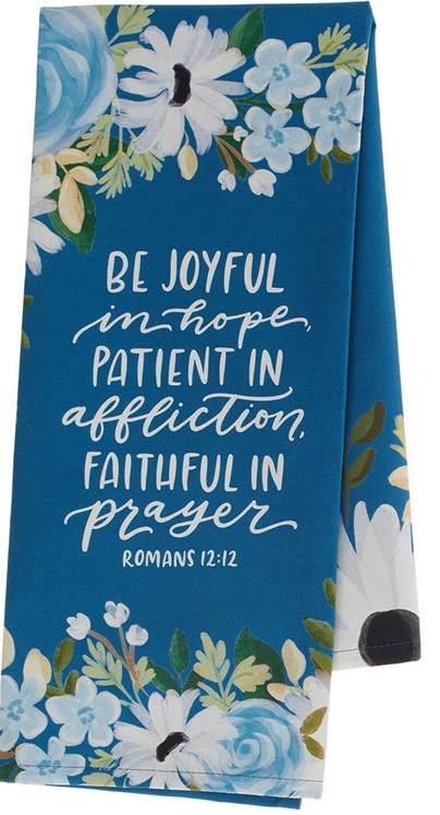 Tea Towel Blue Floral Be Joyful In Hope Rom 12:12