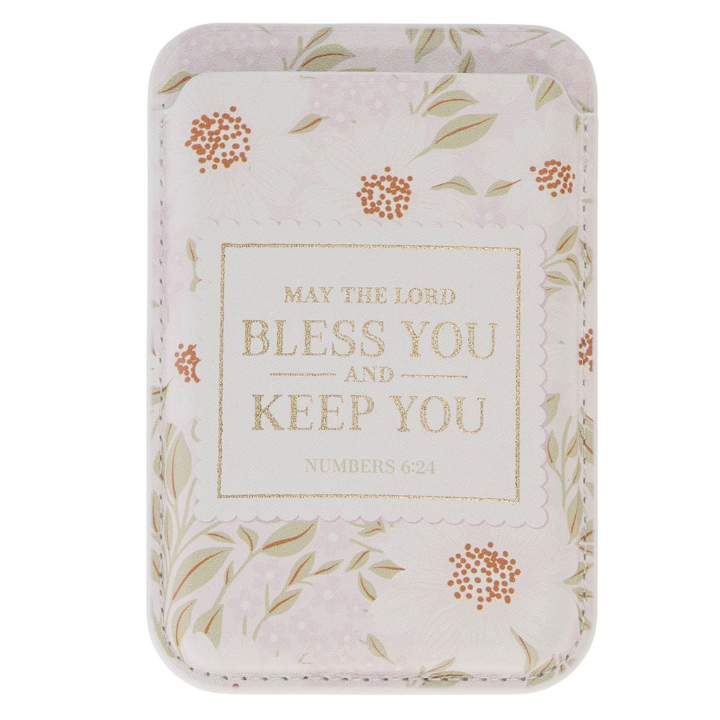 Phone Wallet Magnetic White Floral Bless You And Keep You Num. 6:24