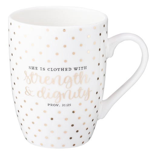 [MUG544] Mug She is Clothed With Strength White/Gold - Proverbs 31:25