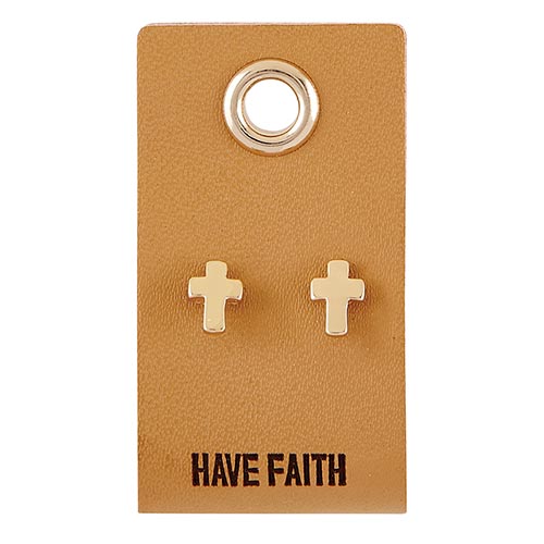 [G4115] Earrings Cross Have Faith Leather Tag