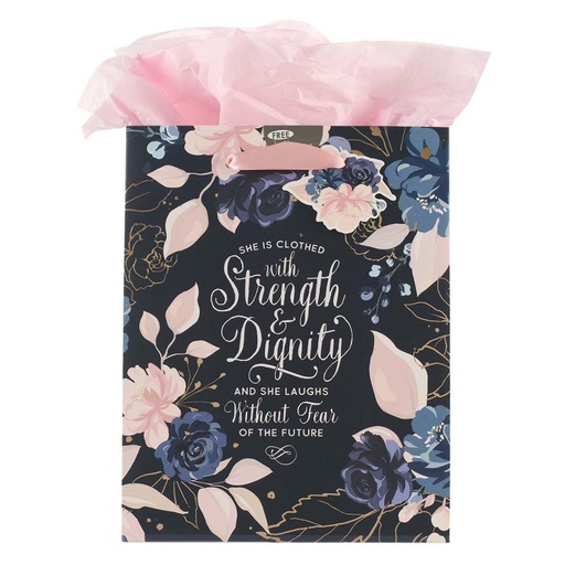 [GBA270] Gift Bag Medium Strength & Dignity Navy Pink Flowers