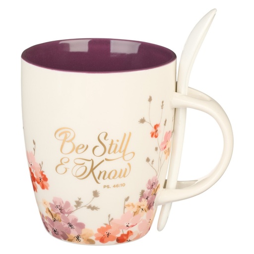 [MUG850] Mug w/Spoon Be Still & Know Purple Floral