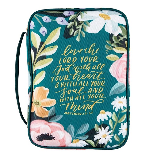 [L5965] Bible Case Love The Lord Your God Teal Floral Canvas