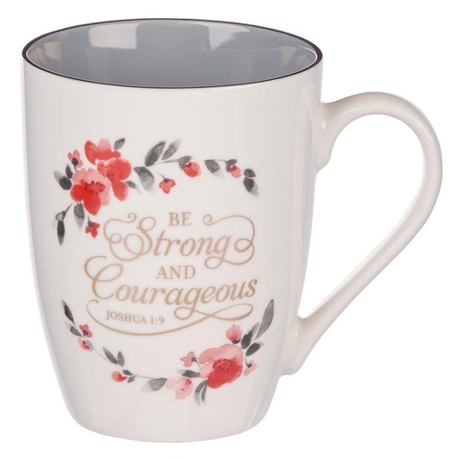[MUG692] Mug Be Strong And Courageous White/Grey Ceramic