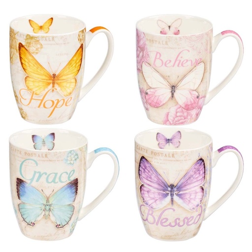 [MUGS25] Mug Set Butterfly Blessed Believe Grace Hope 4/Set