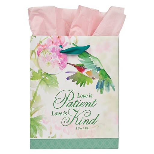[GBA396] Gift Bag Med Love Is Patient 1 Cor. 13:4 Green Bird
