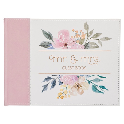 [GST42] Guest Book Mr & Mrs Pink Floral Faux Leather