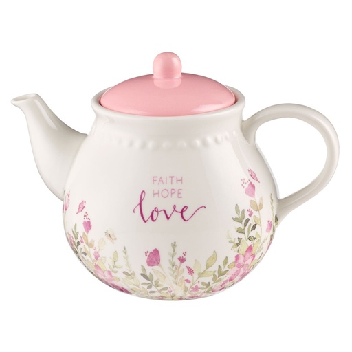 [TEA017] Teapot Ceramic Faith Hope Love White Floral