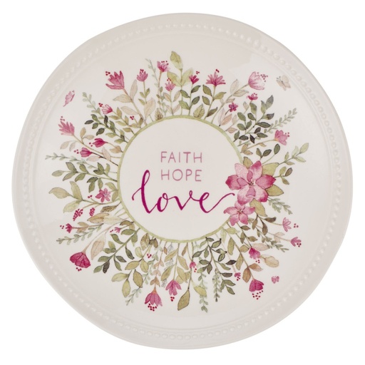 [HK012] Plate Faith Hope Love Ceramic White With Flowers