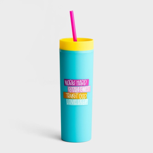 [J9520] Tumbler Word Hard Stay Sweet Blue With Straw