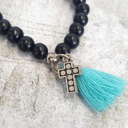 [1111] Black Cross Bracelet Blue Tassel