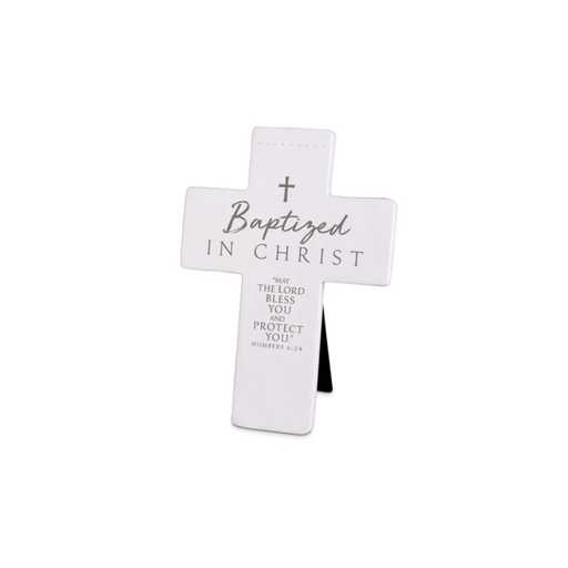 [11267L] Cross Cast Stone Baptized In Christ White