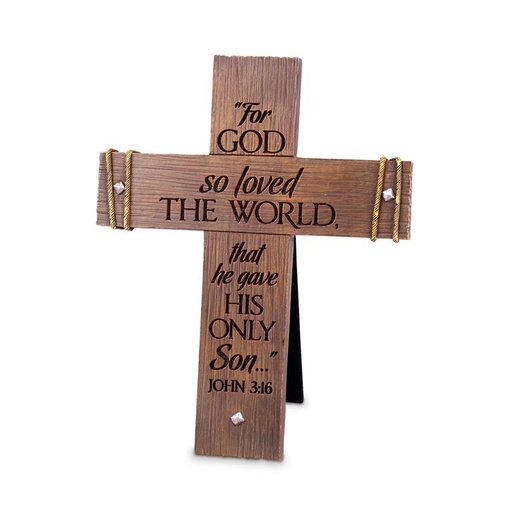 [11248L] Cross Cast Stone John 3:16 Small Rugged Cross