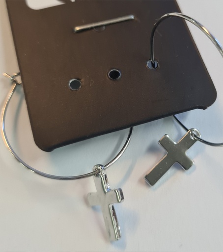 [1124] Earrings Hoop w/Cross Silver