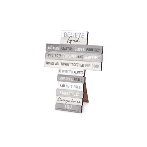 [11437L] Cross Stacked Wood Believe God Desktop