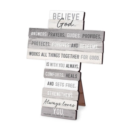 [11437L] Cross Stacked Wood Believe God Desktop