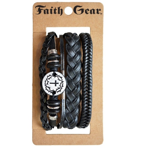 [FGBJ167] Bracelet Set Leather Crown Cross 3Pk