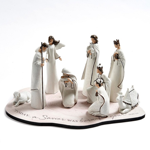 [77452L] Nativity Set Resin A Saviour Is Born Scriptured Base