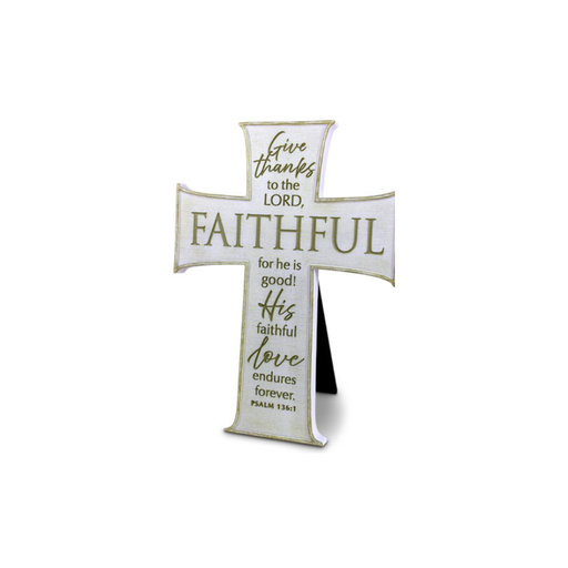 [11963L] Cross Faithful Psalm 136:1 Large White Resin