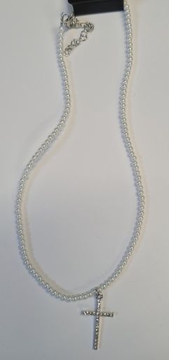 [1131] Necklace Cross on Pearl Silver