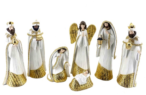 [BH845] Nativity Set 7 Piece White & Gold 295mm
