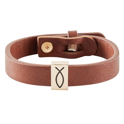 [P7385] Bracelet Ichthys Fish Brown Faux Leather