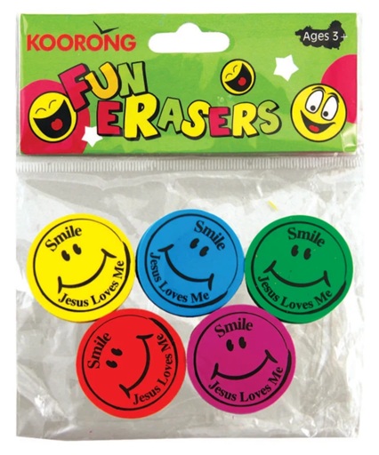 [6947503807375] Eraser Pack 5 Round Smiley Faces Jesus Loves Me (12/24)