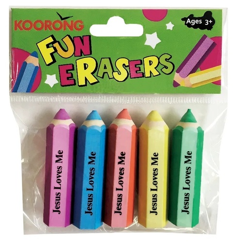 [9323078031488] Eraser Pack Pencil Shape Jesus Loves Me 5Pk