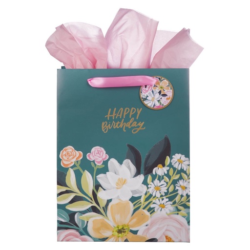 [GBA490] Gift Bag Large Happy Birthday Teal Floral 