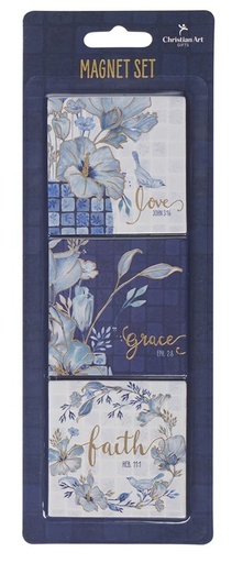 [MGS091] Magnet Set Love Grace Faith Blue Floral Tile 
