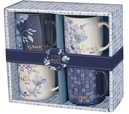 [MUGS57] Mug Set 4pc Blue Floral Tile -