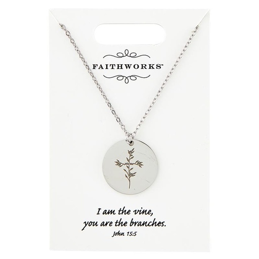 [P7344] Necklace Circle Cross Bar John 15:5 Silver Plated