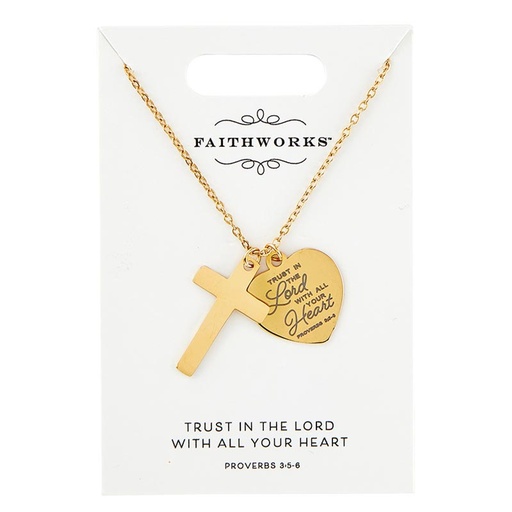 [P7355F] Necklace Cross & Heart Proverbs 3:5 Gold Plated