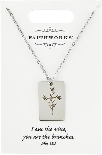 [P7342] Necklace Rectangle Cross Bar John 15:5 Silver Plated (09/24)