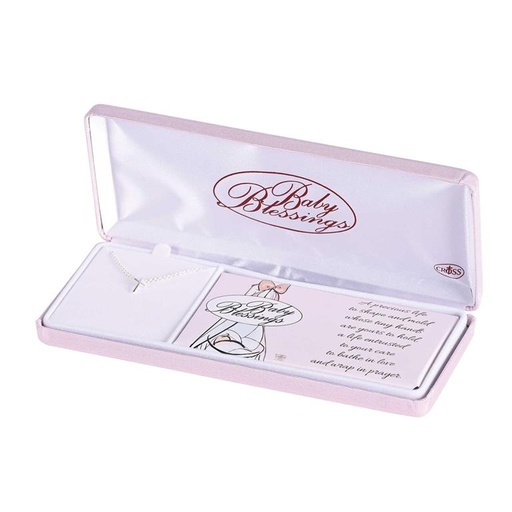[73-9113P] Necklace Pink Baby Blessings Silver Plated Cross (03/25)