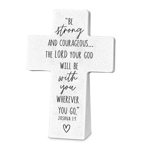 [11408L] Tabletop Cross Be Strong & Courageous White Resin (04/25)  