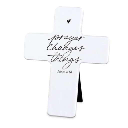 [11721L] Tabletop Cross Prayer Changes Things White Resin (04/25)